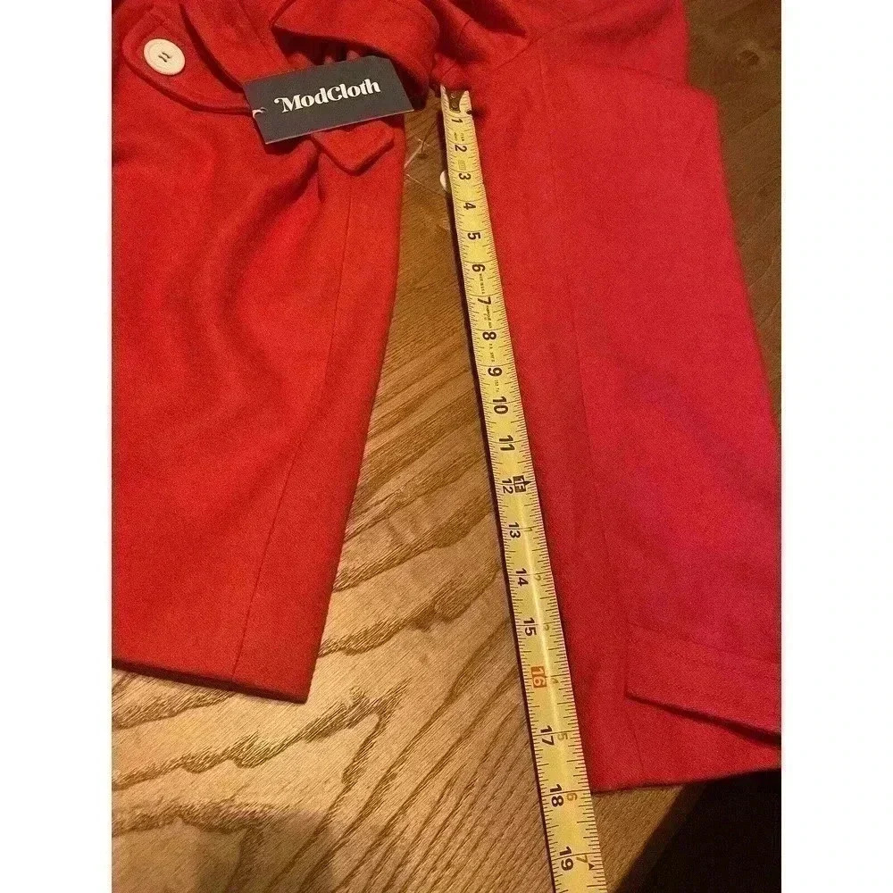 MODCLOTH Wool Coat L Red NWT Peacoat Tie Front Trench Long White Buttons Women’s - Picture 7 of 9